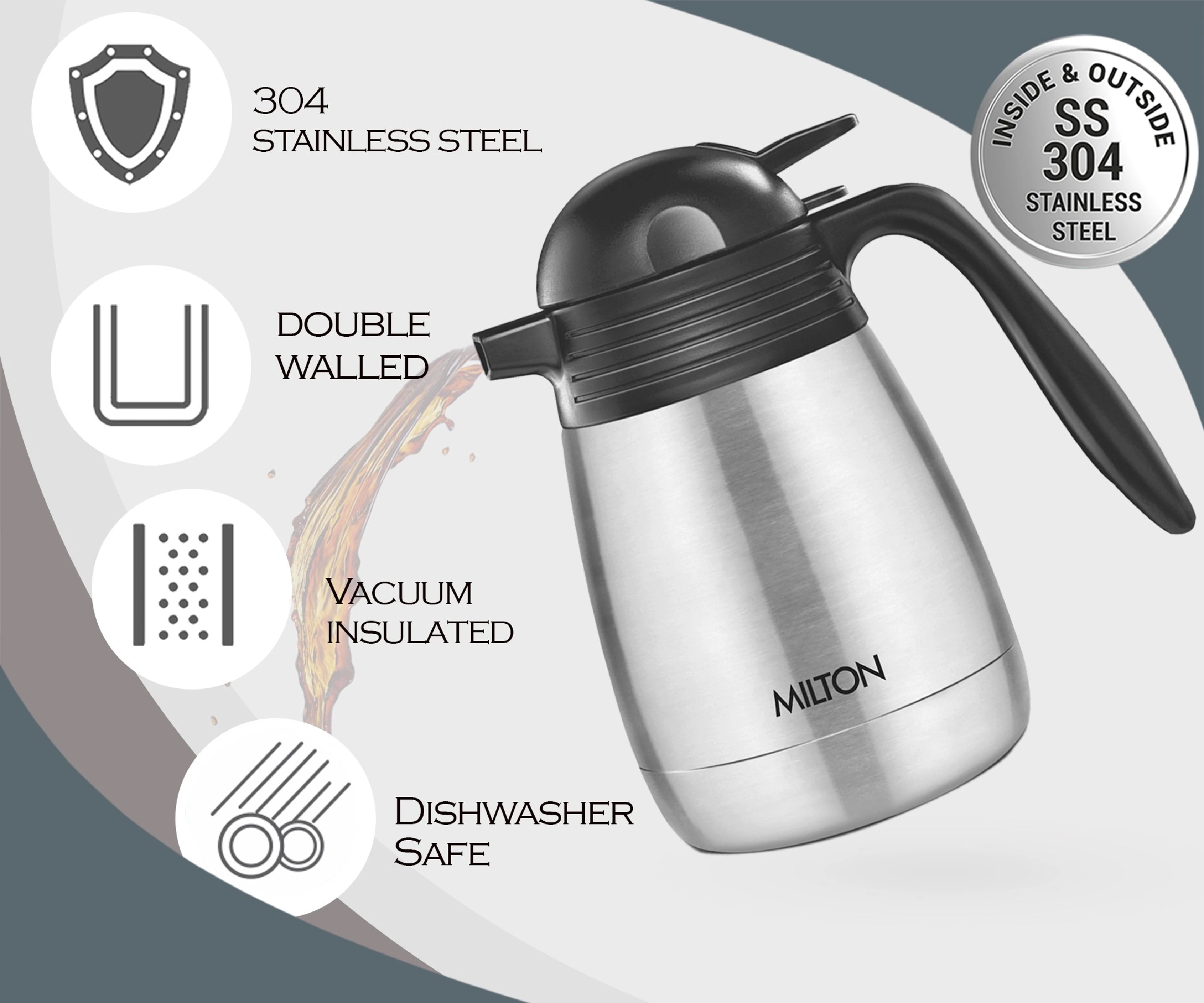 Milton 600ml Thermosteel Carafe Flask | Double Walled Vacuum Insulated | Hot & Cold 24 Hours | Leak Proof Stainless Steel Coffee/Tea Carafe | Silver