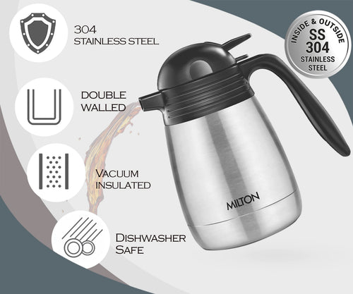 Milton 600ml Thermosteel Carafe Flask | Double Walled Vacuum Insulated | Hot & Cold 24 Hours | Leak Proof Stainless Steel Coffee/Tea Carafe | Silver