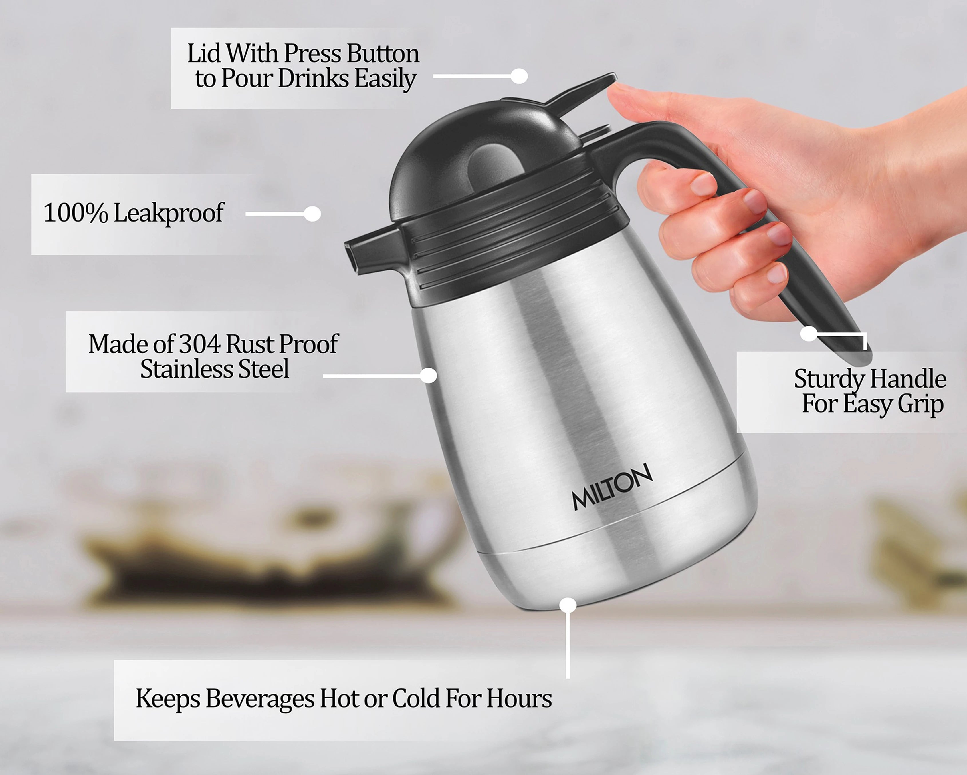 Milton 600ml Thermosteel Carafe Flask | Double Walled Vacuum Insulated | Hot & Cold 24 Hours | Leak Proof Stainless Steel Coffee/Tea Carafe | Silver