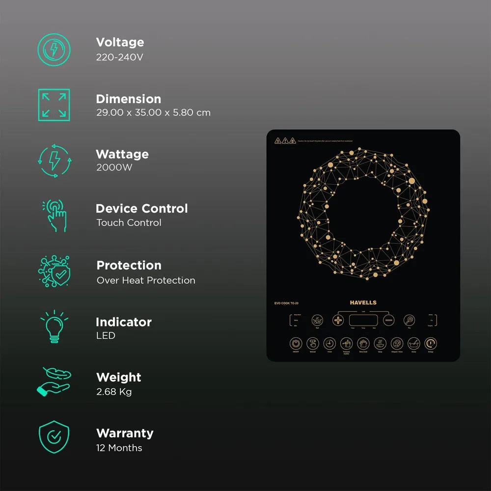 Havells Evo Cook TC-20 2000W Induction Cooktop | Touch Control | Fast Heating | Energy Efficient | Portable Cooktop | Black