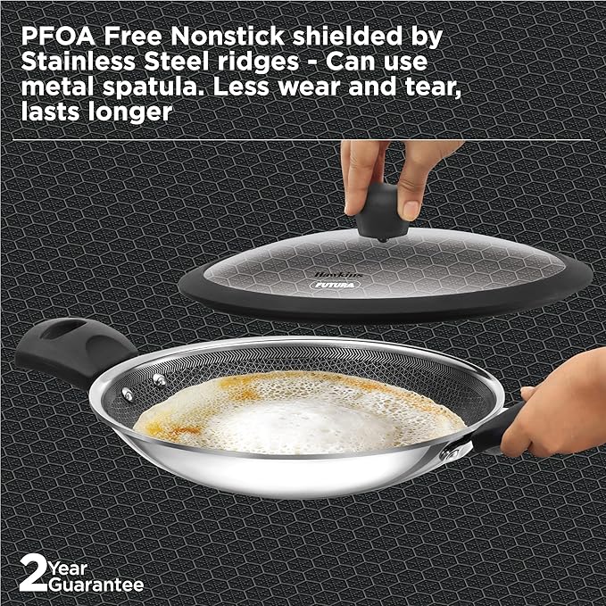 Hawkins 1.25L Triply Stainless Steel Nonstick Appachatty (NSA125G) | Breakfast Pan with Glass Lid | Appam Patra & Small Kadai | Gas Stove Compatible