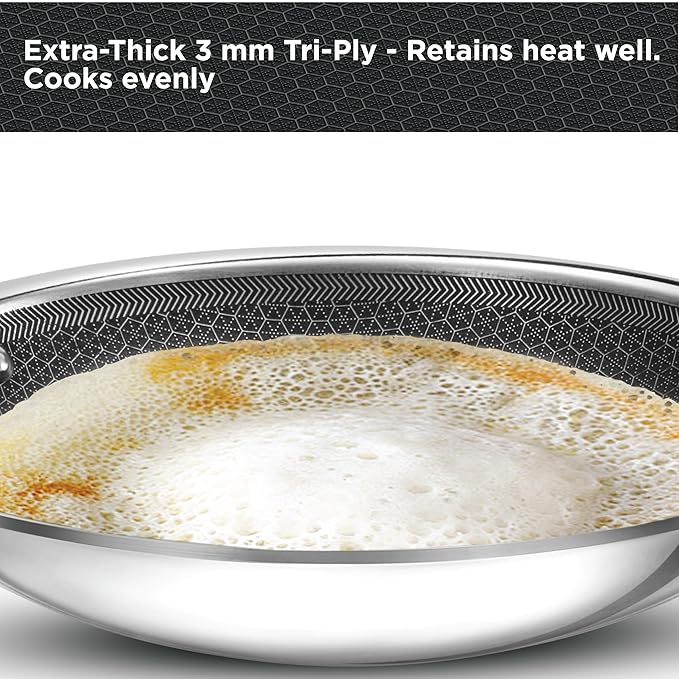 Hawkins 1.25L Triply Stainless Steel Nonstick Appachatty (NSA125G) | Breakfast Pan with Glass Lid | Appam Patra & Small Kadai | Gas Stove Compatible